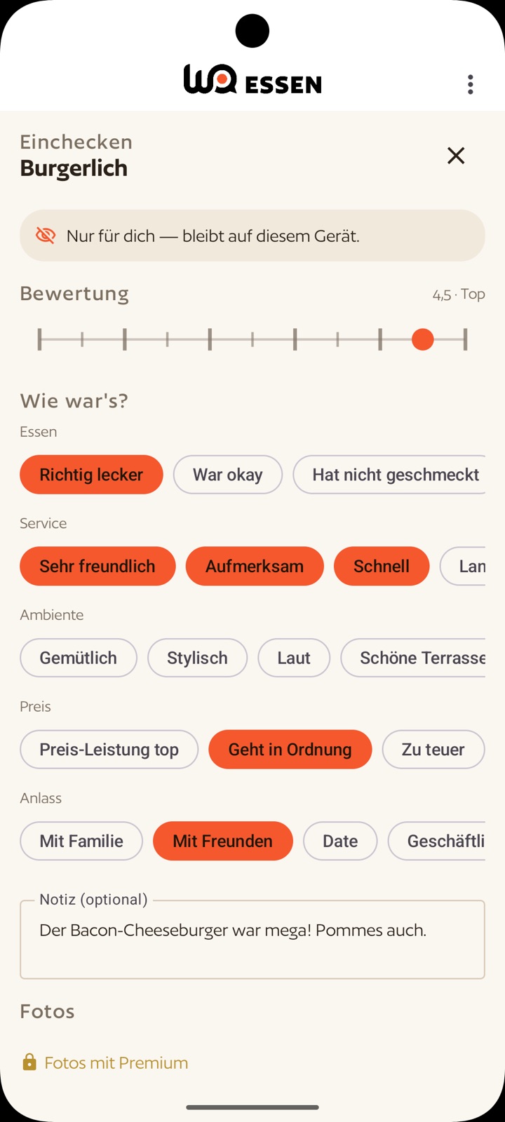 WoEssen App: Check-in-Editor mit Bewertungsregler, Tags zu Essen, Service, Ambiente, Preis und Anlass sowie Notizfeld