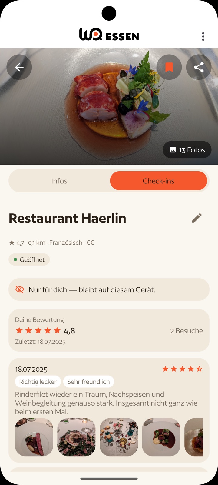 WoEssen App: Check-ins-Tab mit eigener Bewertung, Anzahl Besuche und Timeline-Eintrag mit Tags, Notiz und Fotos