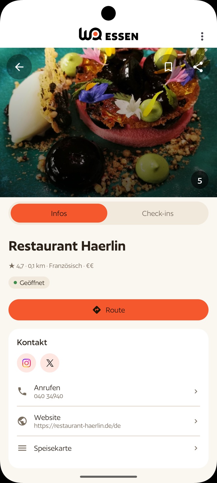 WoEssen App: Detailseite eines Restaurants mit Foto, Öffnungsstatus, Route-Button und Kontaktdaten