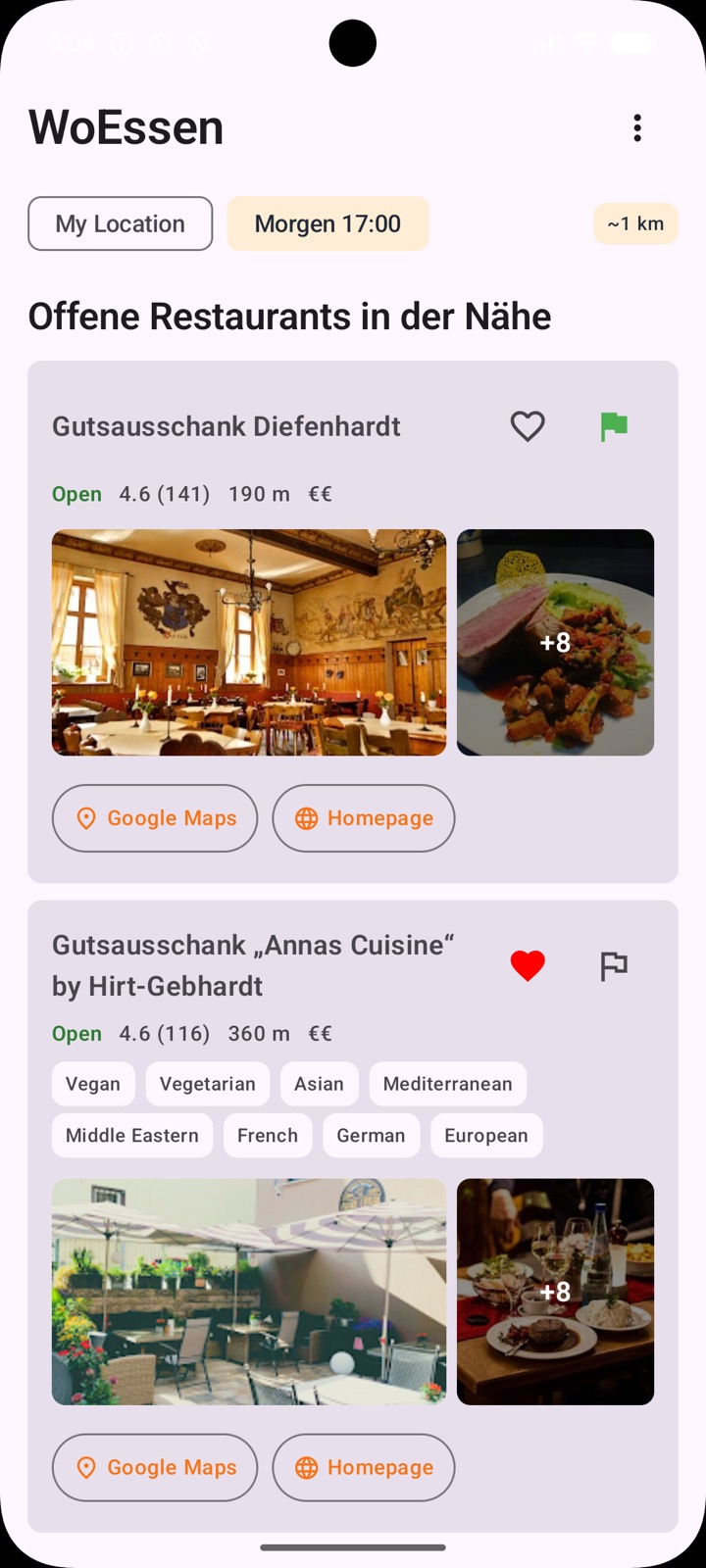 WoEssen App: Restaurantliste mit markierten Favoriten und Live-Öffnungsstatus