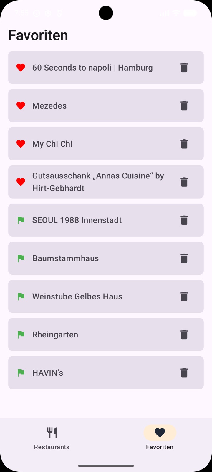 WoEssen App: Favoriten-Übersicht mit Lieblingsrestaurants und will-ich-testen-Liste