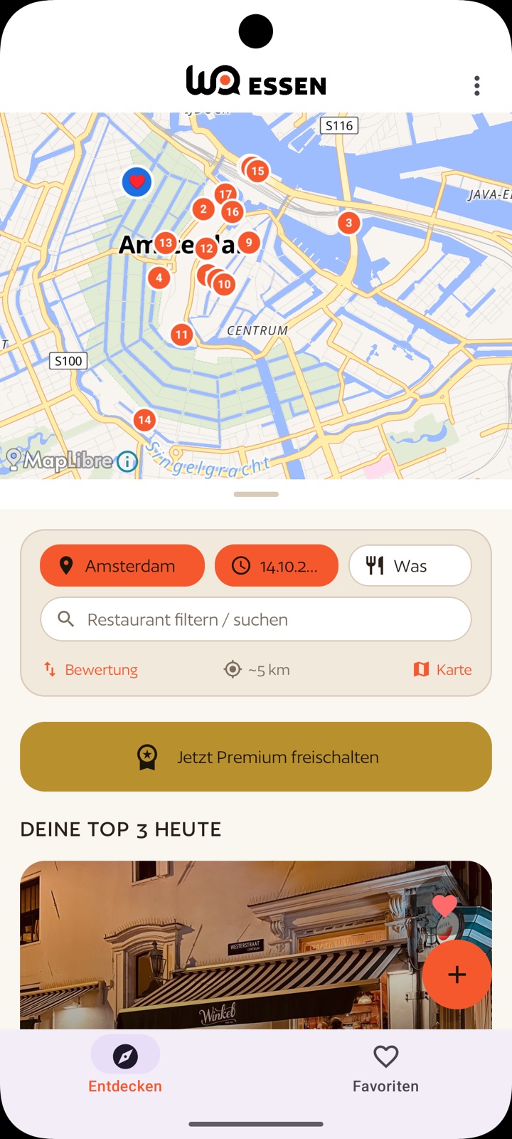 WoEssen App: Kartenansicht von Amsterdam mit nummerierten Restaurants, darunter Ort- und Zeit-Filter
