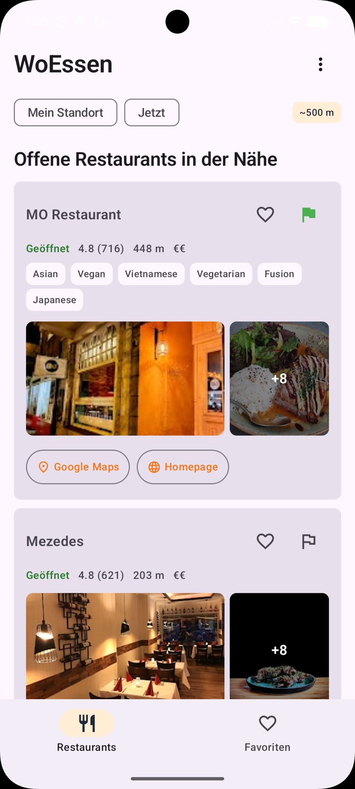 WoEssen App: kuratierte Liste offener Restaurants in der Nähe mit Bewertung, Distanz und Fotos