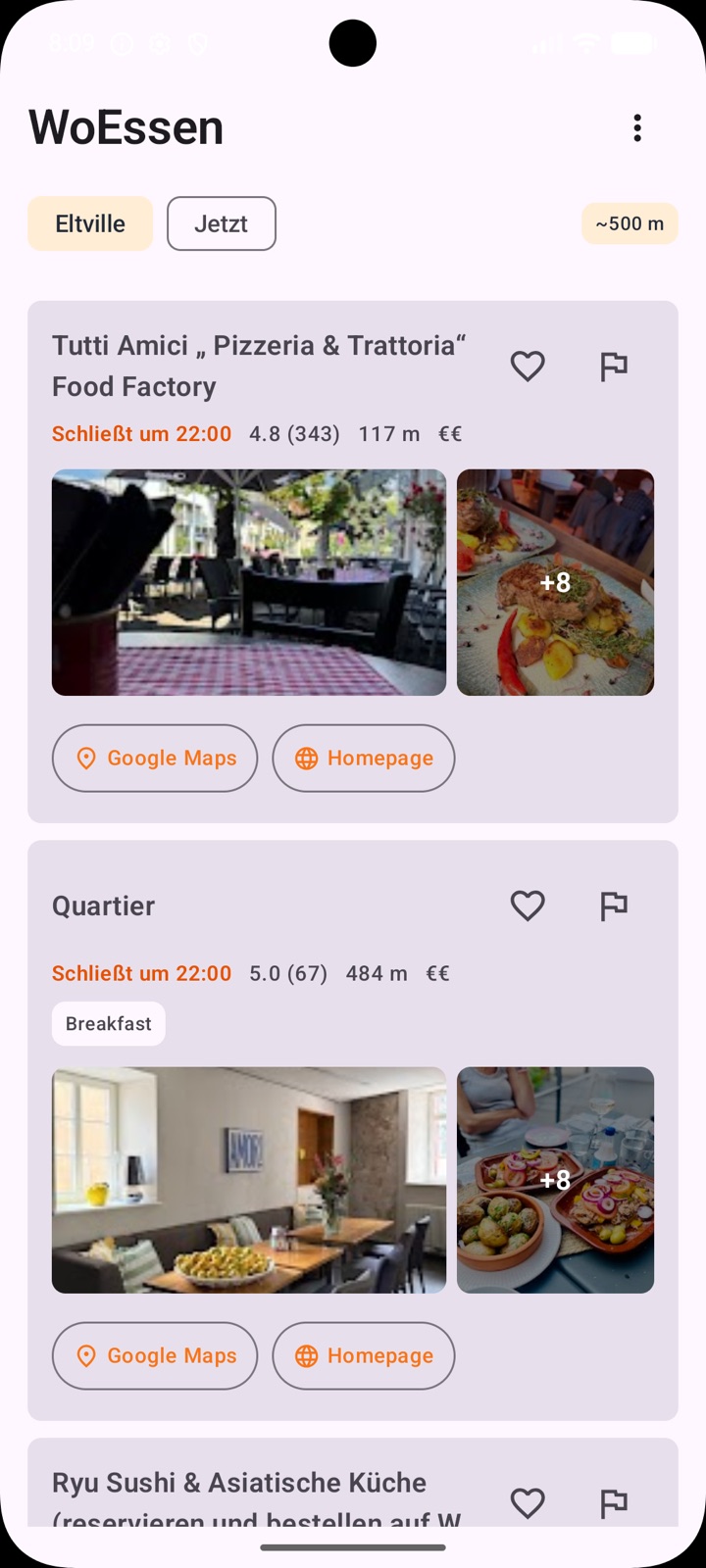 WoEssen App: Restaurantliste mit Bewertungen, Öffnungsstatus wie Schließt um 22:00 und Preisklasse