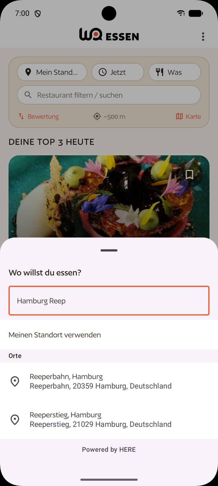 WoEssen App: Ortswahl „Wo willst du essen?“ mit Autocomplete-Vorschlägen
