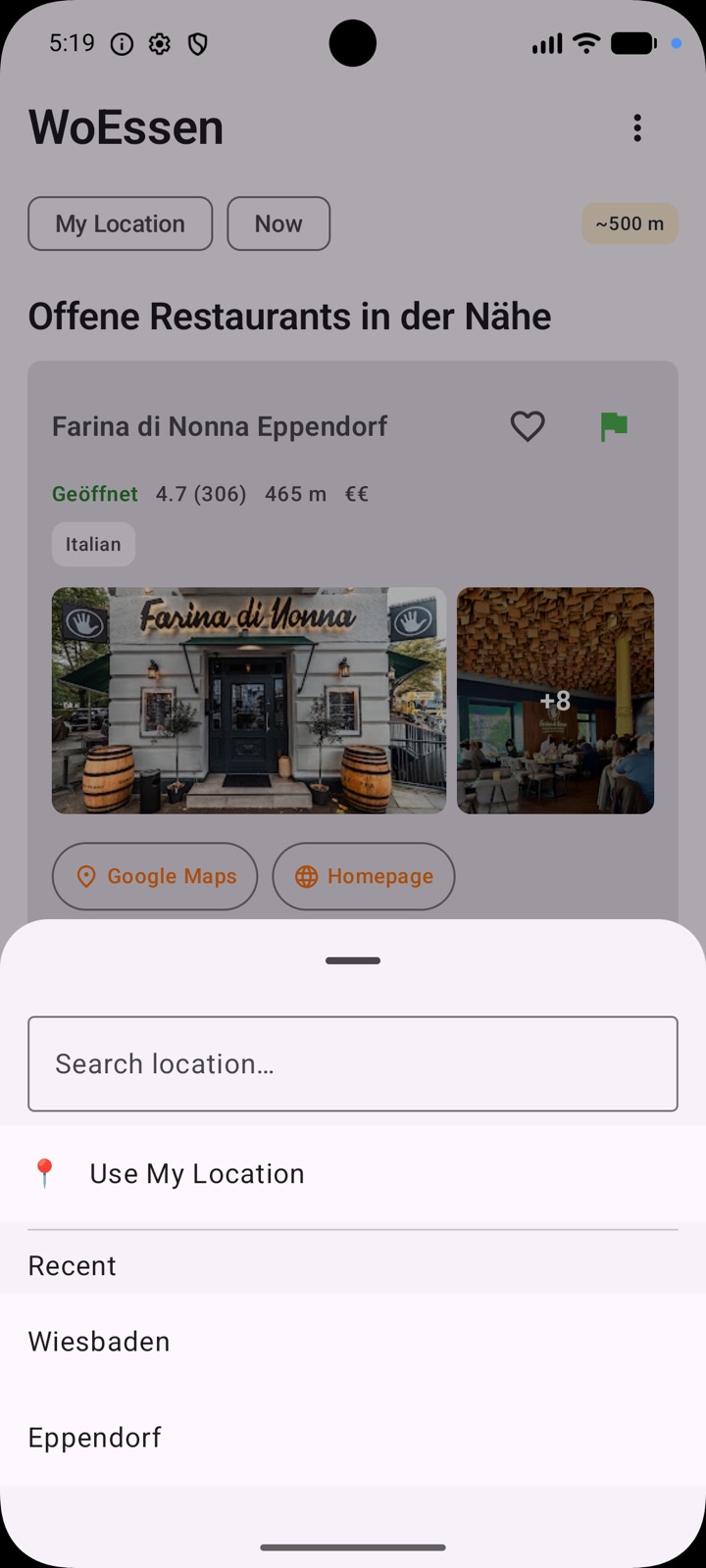 WoEssen App: Standortsuche mit Autocomplete und zuletzt verwendeten Orten