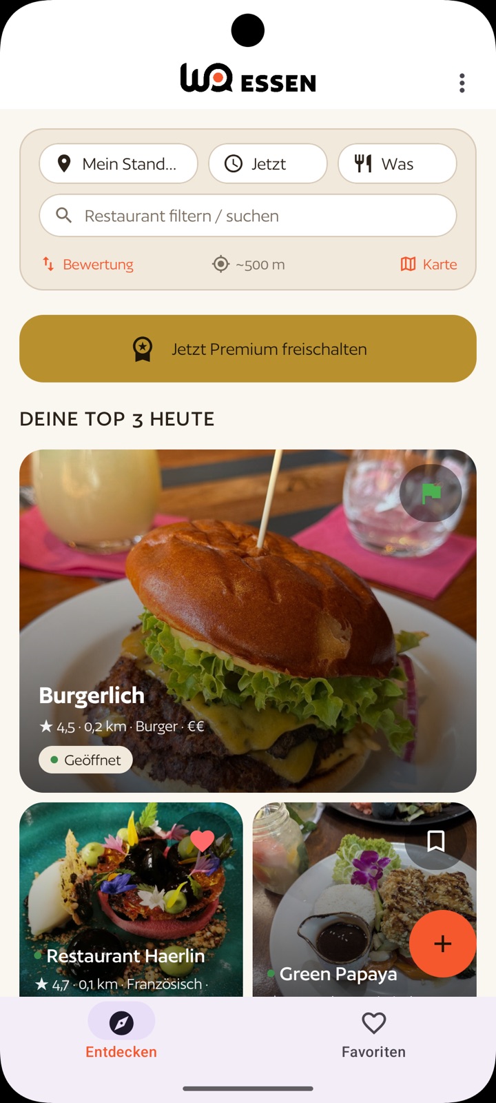 WoEssen App: Startliste mit gemerktem Restaurant (grüne Flagge) auf Platz 1 und Öffnungsstatus