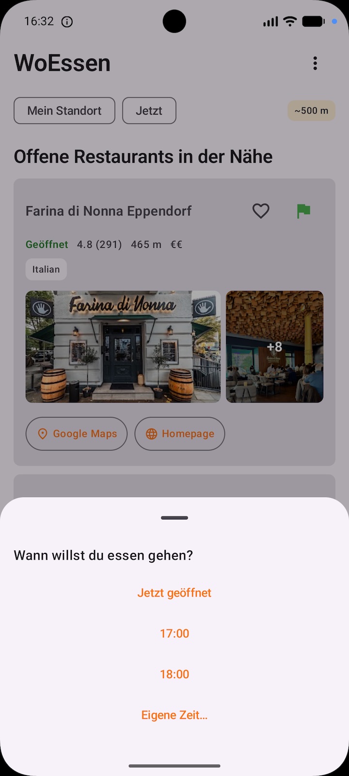 WoEssen App: Zeitauswahl mit Jetzt, nächste Stunde, Dinner oder eigener Uhrzeit